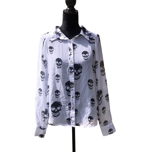 Dots White Button Down with Black Skulls size Large - Picture 4 of 10